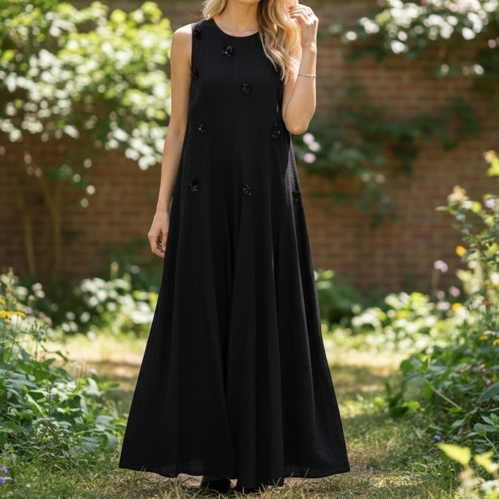 Maeve Anthropologie Maxi Dress S 3D Floral Applique Jersey A-Line Black NEW